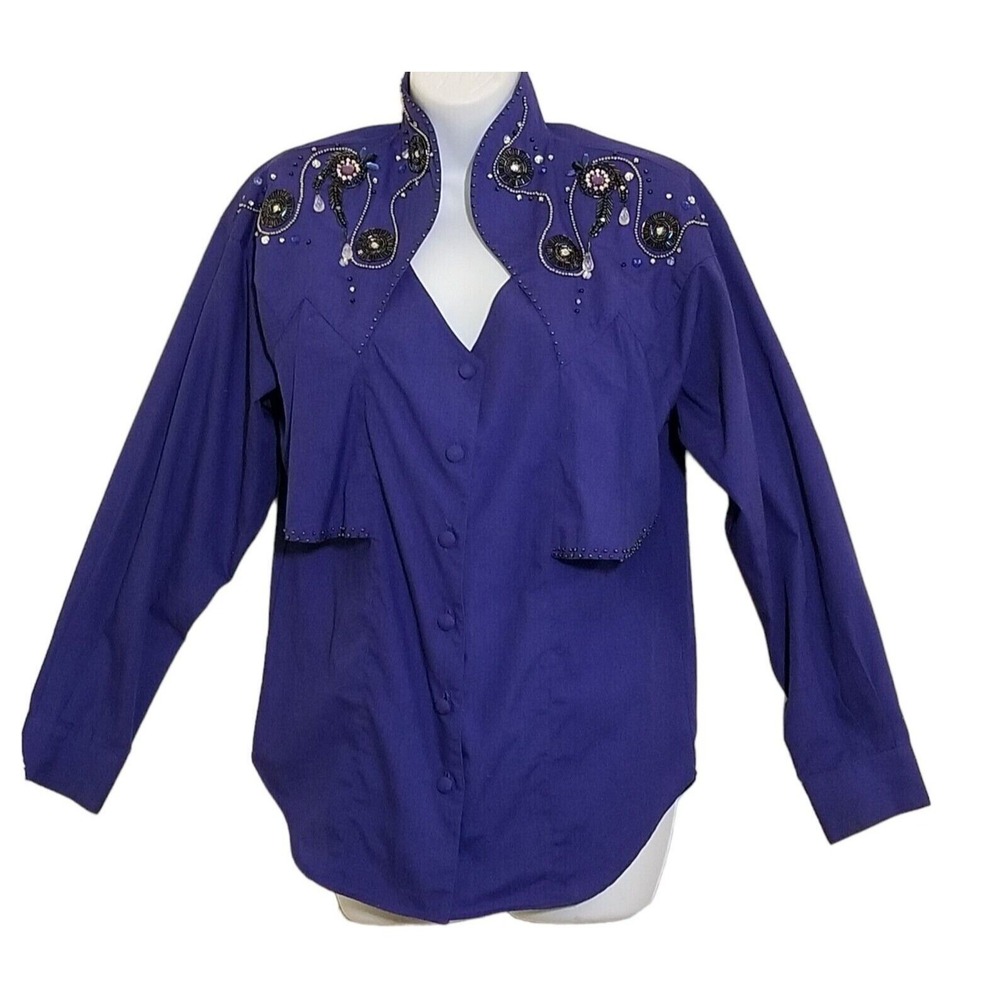 Wrangler Western Shirt S Vintage 80s Embellished Blue Long Sleeve Rhinestone